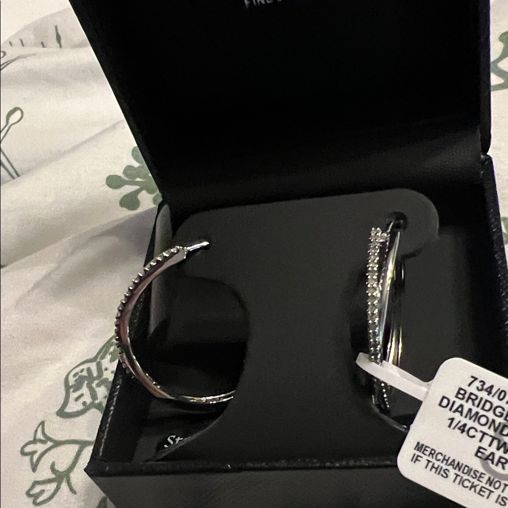 14K White Gold Diamond Hoop Earrings - Silver Tone